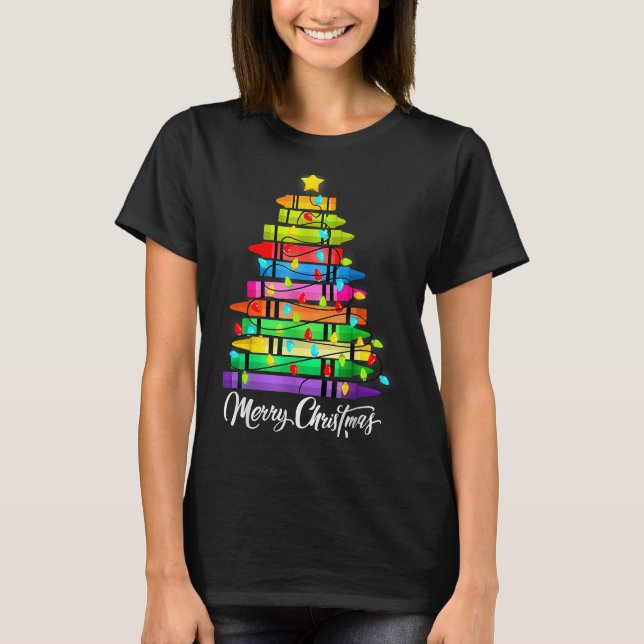 T-shirt Teacher Crayon Merry Christmas Tree Lights School  (Devant)