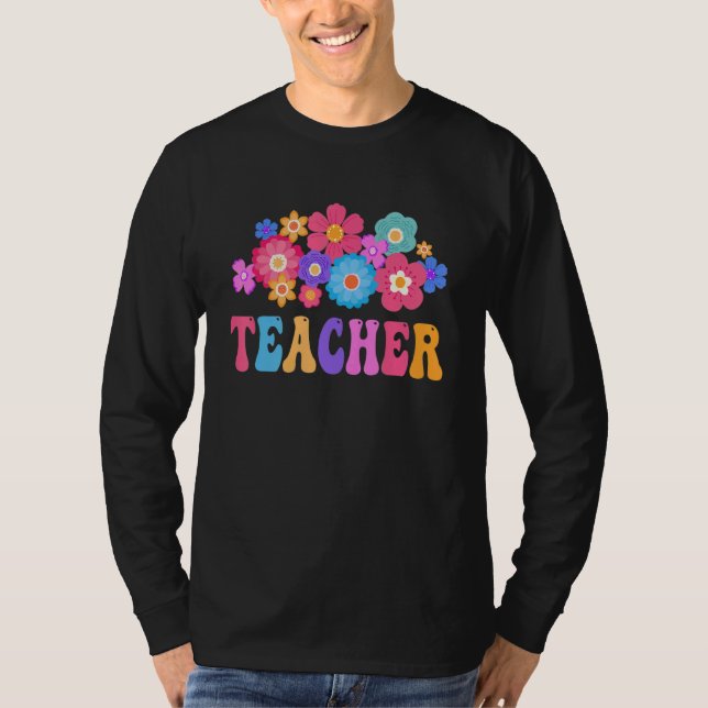 T-shirt Teacher Retro Groovy Flower Inspirational Colorful (Devant)