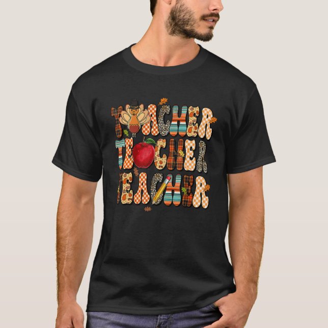 T-shirt Teacher Thanksgiving Retro Fall Autumn Leopard App (Devant)