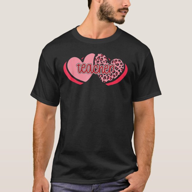 T-shirt Teacher Valentine Hearts Leopard Funny Valentines  (Devant)
