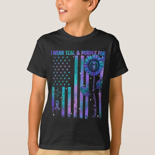 T-shirt Teal Purple Us Usa Flag Suicide Prevention Awarene (Devant)