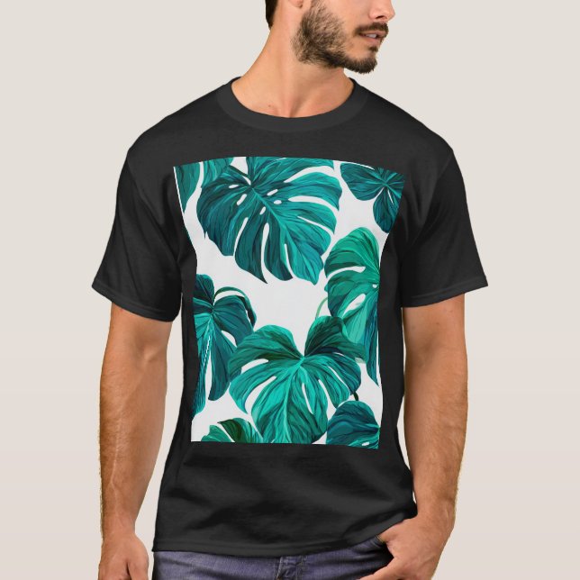 T-shirt Teal Tropical Monstera Leaf Seamless Pattern Art (Devant)