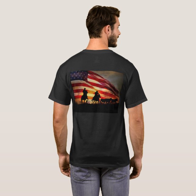 T-shirt Team Ropers with American Flag Cowboy Roping (Dos entier)