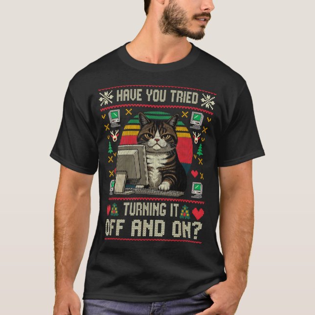 T-shirt Tech Suprts Cat Engineer Computer Ugly Christmas S (Devant)