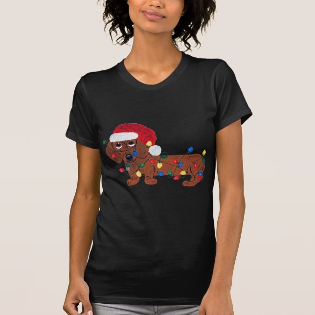 T-shirt Teckel embrouillé dans des lumières de Noël (Devant)