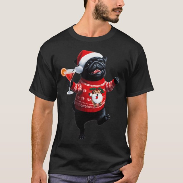 T-shirt Teckel noir de Noël dansant avec un cocktail (Devant)