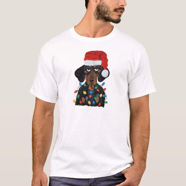 T-shirt Teckel Père Noël embrouillé dans des lumières de (Devant)
