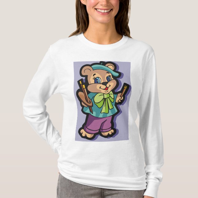 T-shirt Teddy Bear Artist with Beret and Paint Brushes (Devant)