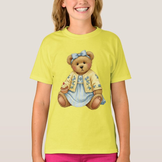 T-shirt Teddy dans une robe de lin bleu avec Cupcake (Devant)