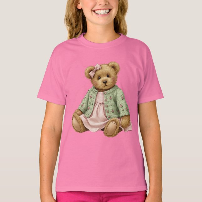 T-shirt Teddy dans une robe rose et Cardigan vert (Devant)