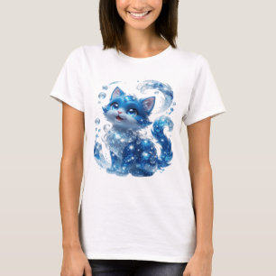 T-shirt Tee Bleu Élégant CHAT BLEU AVEC DIAMANTS ET ÉTOILE