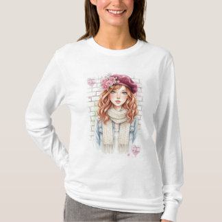 T-shirt Tee chic de style parisien Fille à chapeau Floral