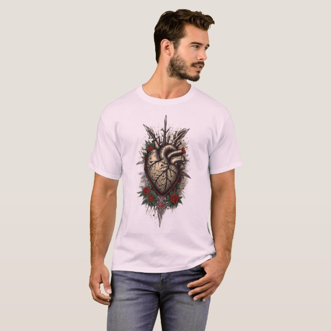T-shirt Tee Coeur style tatouage de l'ancienne école (Devant entier)