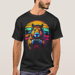 T-shirt Tee drôle de capybara manette casque jeux vidéo 