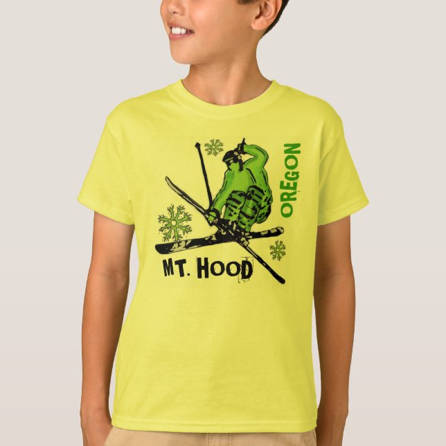 T-shirt Tee garçon de skieur vert du mont Hood Oregon (Devant)