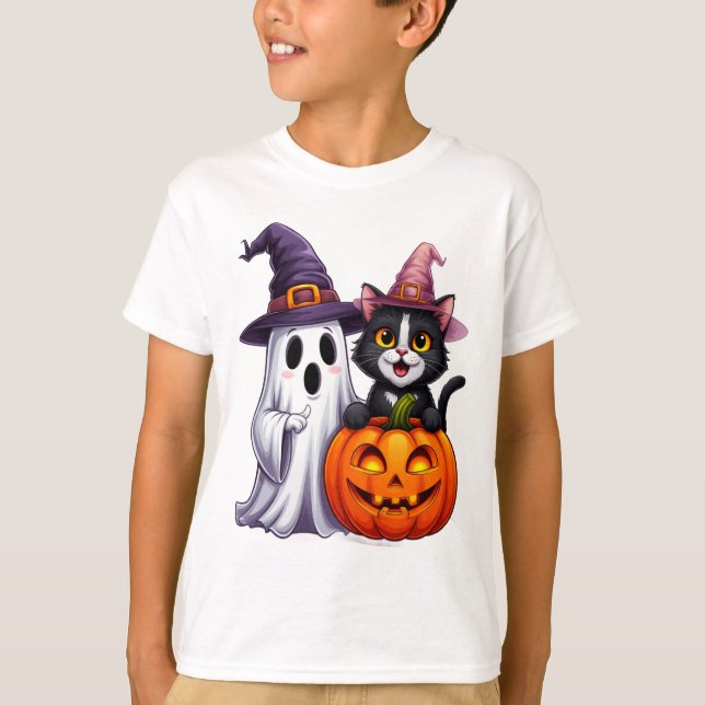 T-shirt Tee Halloween Citrouille Chat Noir Fantôme Mignon  (Devant)