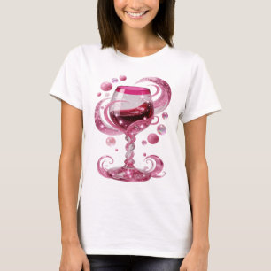 T-shirt Tee-shirt avec verre à vin rose argenté artistique
