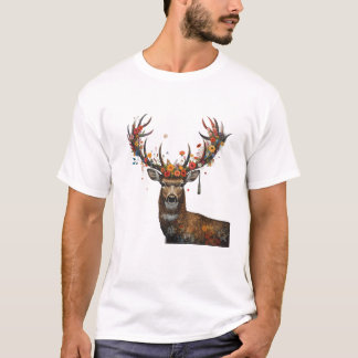 T-shirt Tee-shirt Cerf de la Forêt Fantaisiste avec Fleurs