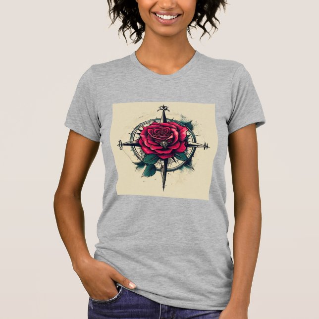 T-shirt Tee-T-Shirt rose Compass Tattoo Art (Devant)
