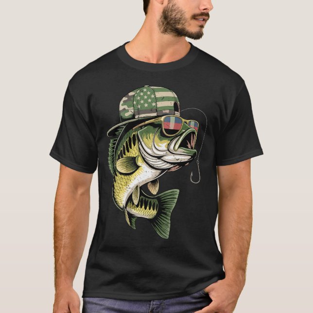 T-shirt Teens boy camo bass fishing american flag fishing (Devant)