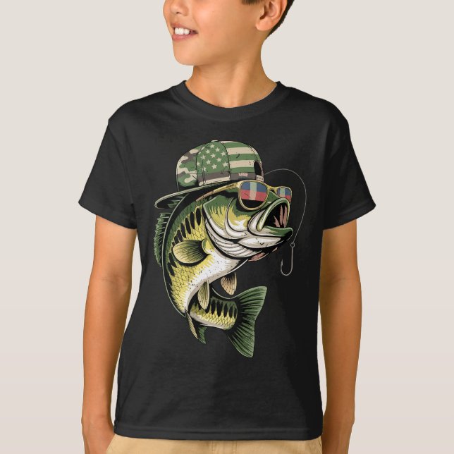 T-shirt Teens boy camo bass fishing american flag fishing (Devant)
