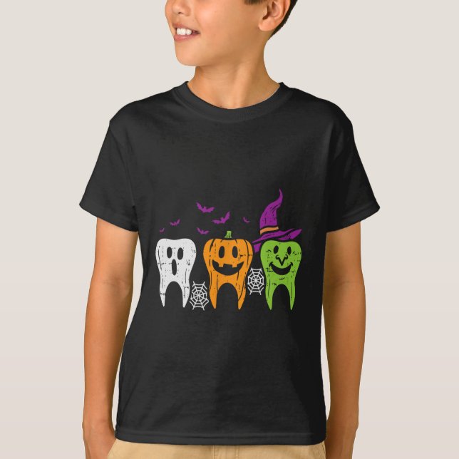 T-shirt Teeth Ghost Pumpkin Witch Cute Dental Halloween De (Devant)