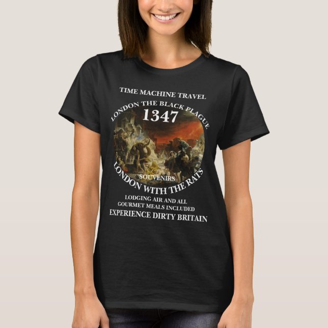 T-SHIRT TEME MACHINE VOYAGE LONDRES 1347 BLACK PLAGUE (Devant)