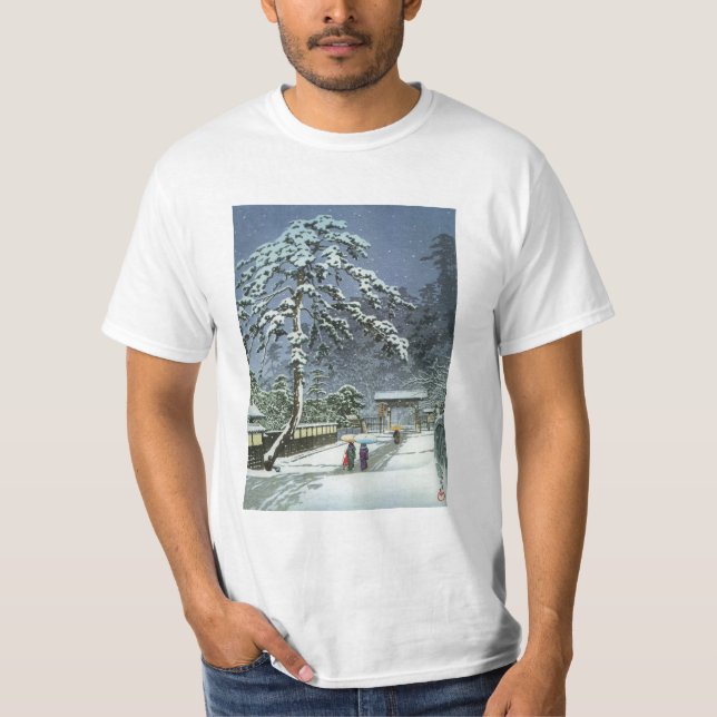 T-shirt Temple de Honmonji dans la neige - 川瀬巴水 de Kawase (Devant)