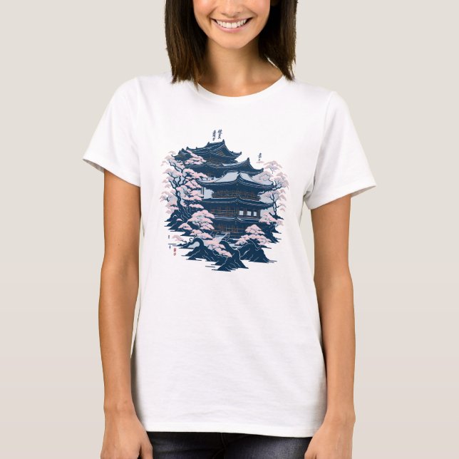 T-shirt Temple japonais d'art de l'encre entouré d'arbres (Devant)