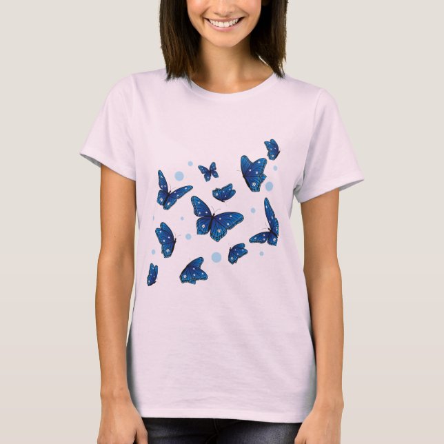 T-shirt tendance à papillons bleus et blancs (Devant)