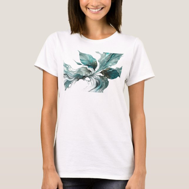 T-shirt tendance aux feuilles abstraites argentées (Devant)