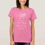 T-shirt Tennis Last Swing Before The Ring Bachelorette<br><div class="desc">Serve up style at the ultimate tennis-themed bachelorette weekend with this Last Swing Before the Ring T-shirt. Designed for brides and bridesmaids, this sporty yet chic tee is perfect for hen parties, girls’ trips, tennis weekends, pre-wedding celebrations, or relaxed match-day outfits. A fun, modern design that works beautifully for coordinated...</div>