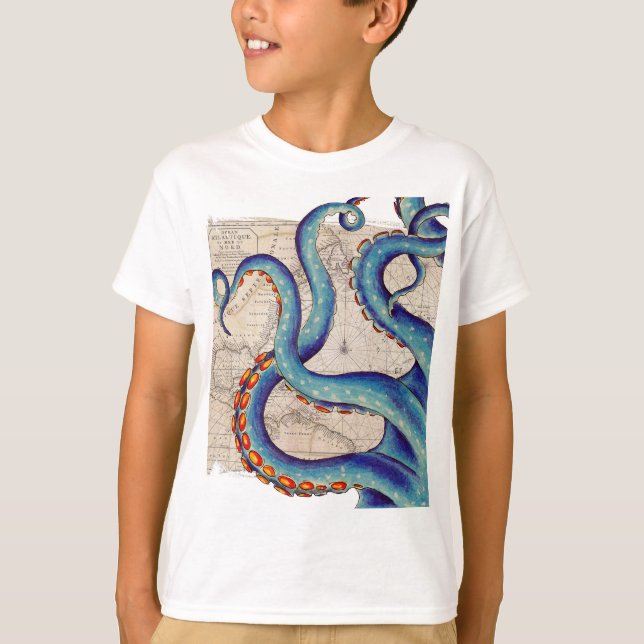 T-shirt Tentacles bleu foncé Carte Vintage (Devant)