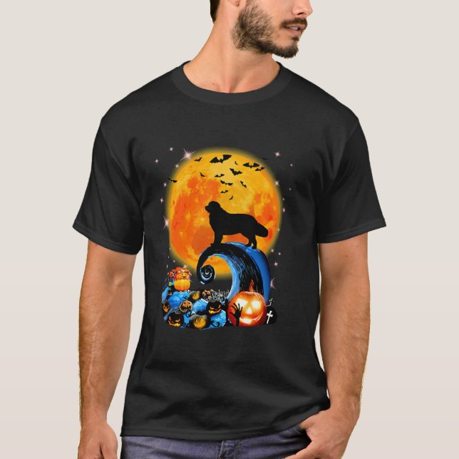 T-shirt Terre-Neuve Et Lune Jaune Halloween Drôle Chien L (Devant)