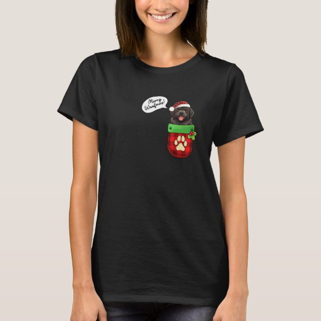 T-shirt Terre-Neuve Joyeux Woofmas De Noël À Pocket Orn (Devant)