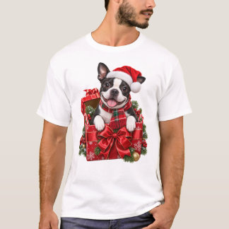 T-shirt Térrier de Boston de Noël assis dans une boîte-cad