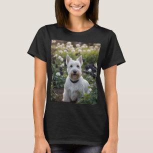 T-shirt Terrier écossais blanc avec Roses blancs noirs,