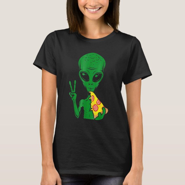 T-shirt Tête d'alien mangeant une pizza Ufo extraterrestre (Devant)