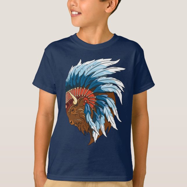 T-shirt Tête de buffle avec coiffure indienne (Devant)