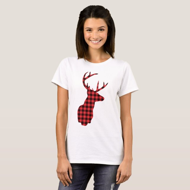 T-shirt Tête de cerf avec Antlers - Rouge Plaid Rustique (Devant entier)