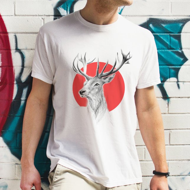 T-shirt Tête de cerf Dessin de cerf Cercle rouge Art anima (Créateur téléchargé)