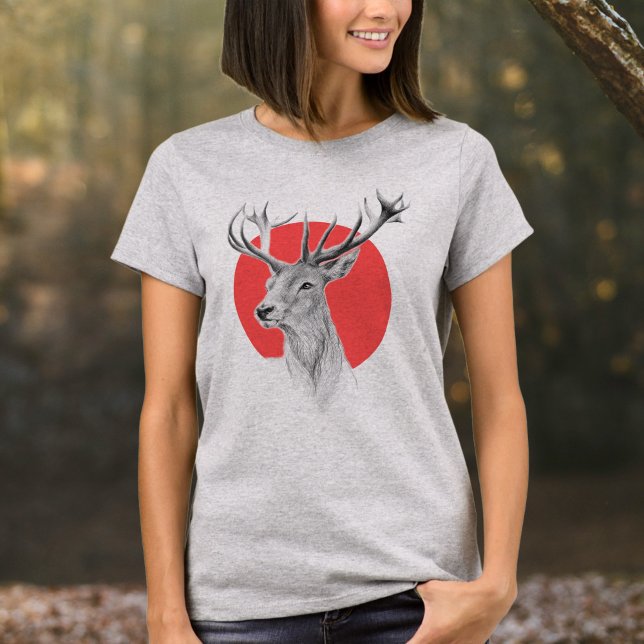 T-shirt Tête de cerf Dessin de cerf Cercle rouge Art anima (Créateur téléchargé)