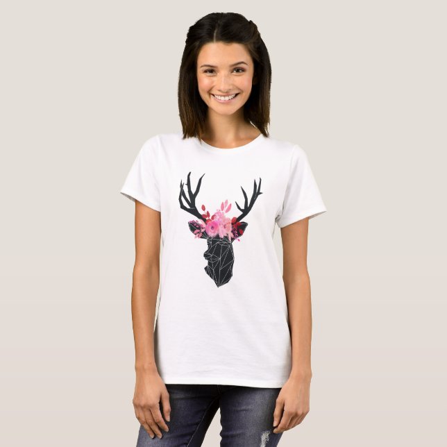 T-shirt Tête de cerf géométrique avec couronne florale (Devant entier)