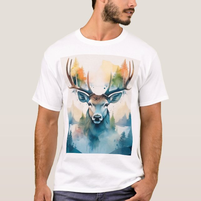 T-shirt Tête de cerfs avec bois et arbres forestiers (Devant)