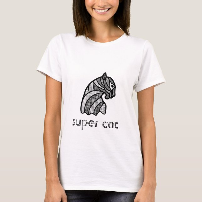 T-shirt Tête de chat avec ornements Boho Noir et Blanc (Devant)