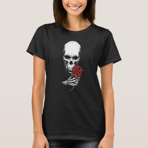 T-shirt Tête de crâne Squelette main tenant Rose rouge Tat