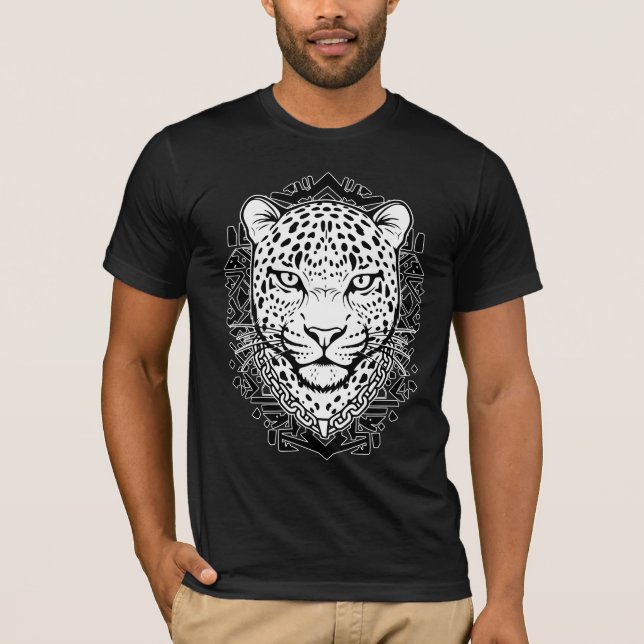 T-shirt Tête de Léopard Exotique Art Linéaire Noir et Blan (Devant)