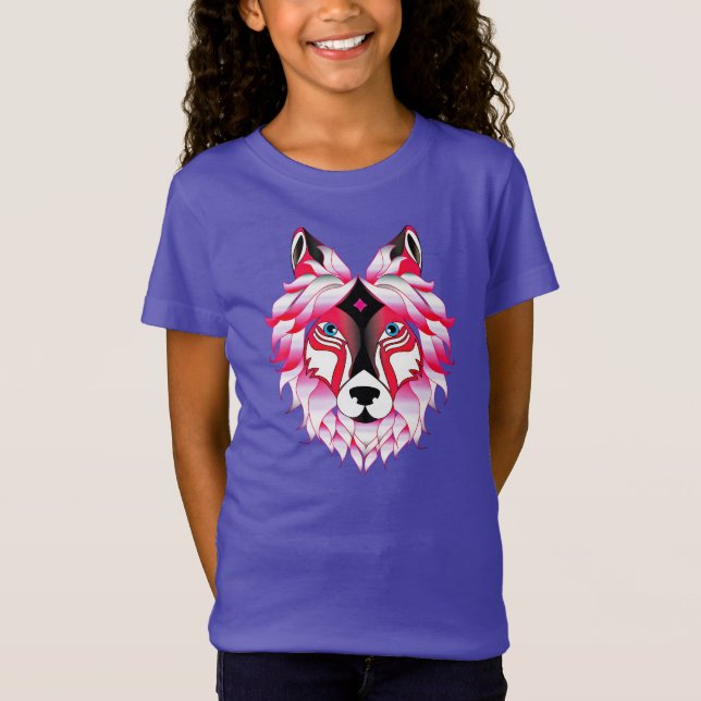 T-Shirt Tête de loup rose Polygone Design-24531 (Devant)