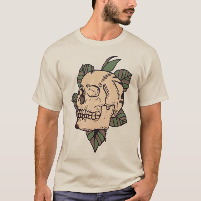 T-shirt tete de mort crane feuille old school tattoo 2 (Devant)