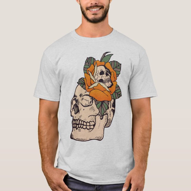 T-shirt tete de mort crane tattoo fleur rose old school  (Devant)